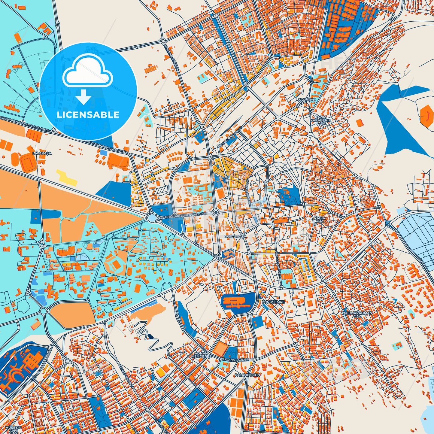 Colorful Erzurum Street Map with Labels and Buildings