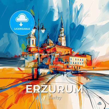 Vibrant Erzurum, Turkey - A Painting Of A Building With Towers And A Street Light - Square format print template