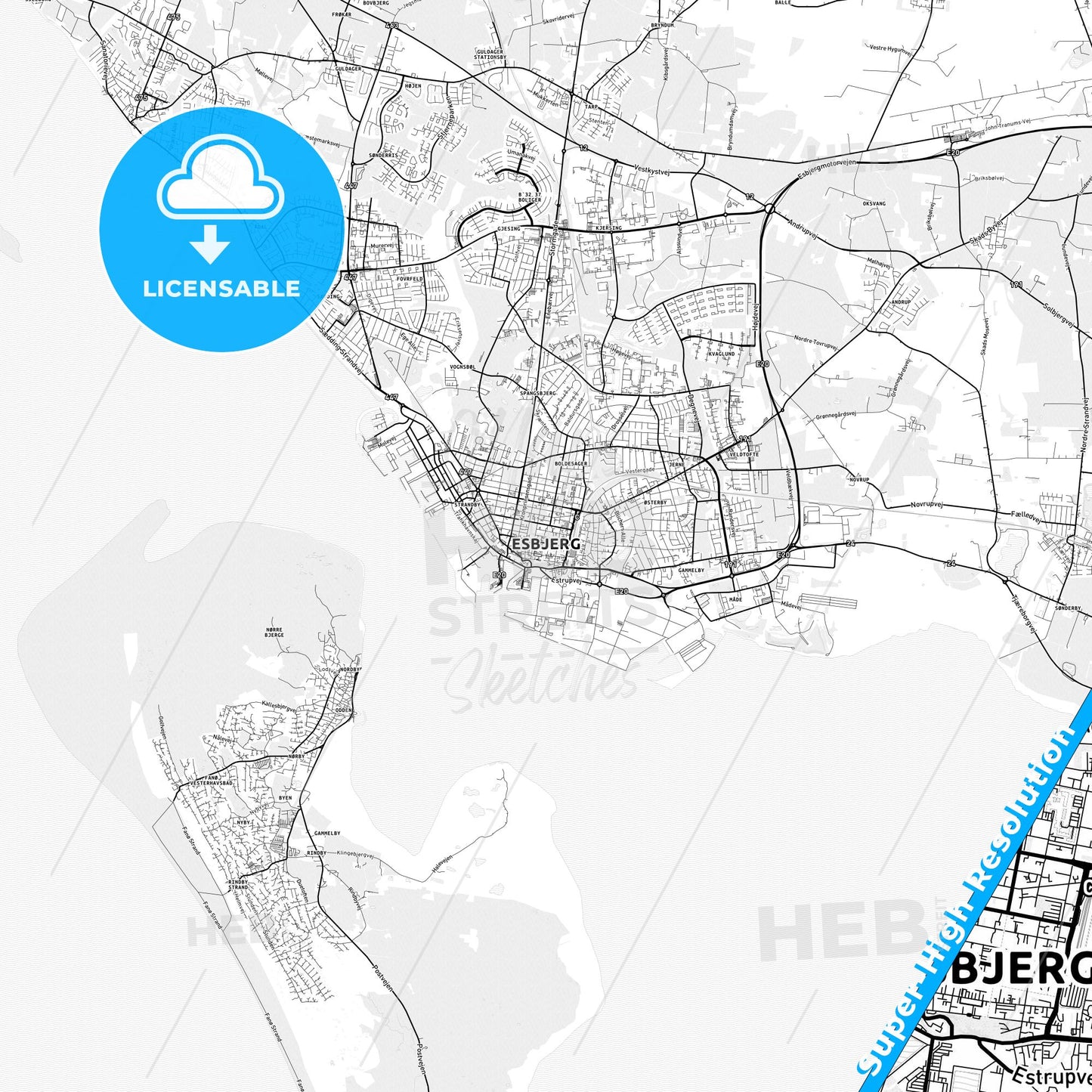 Esbjerg, Denmark light map with streetnames, citynames and districts