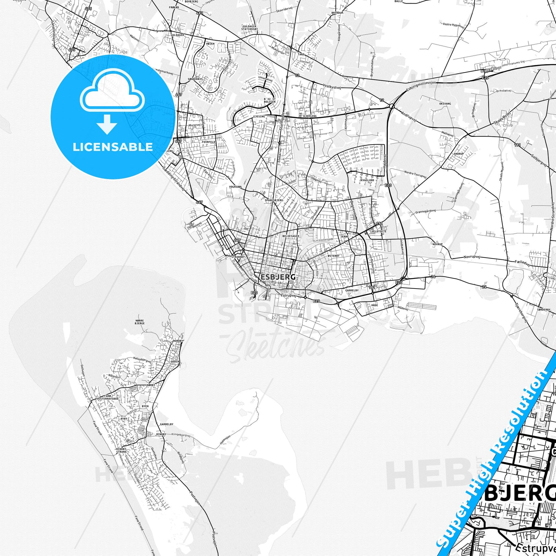 Esbjerg, Denmark light map with streetnames, citynames and districts
