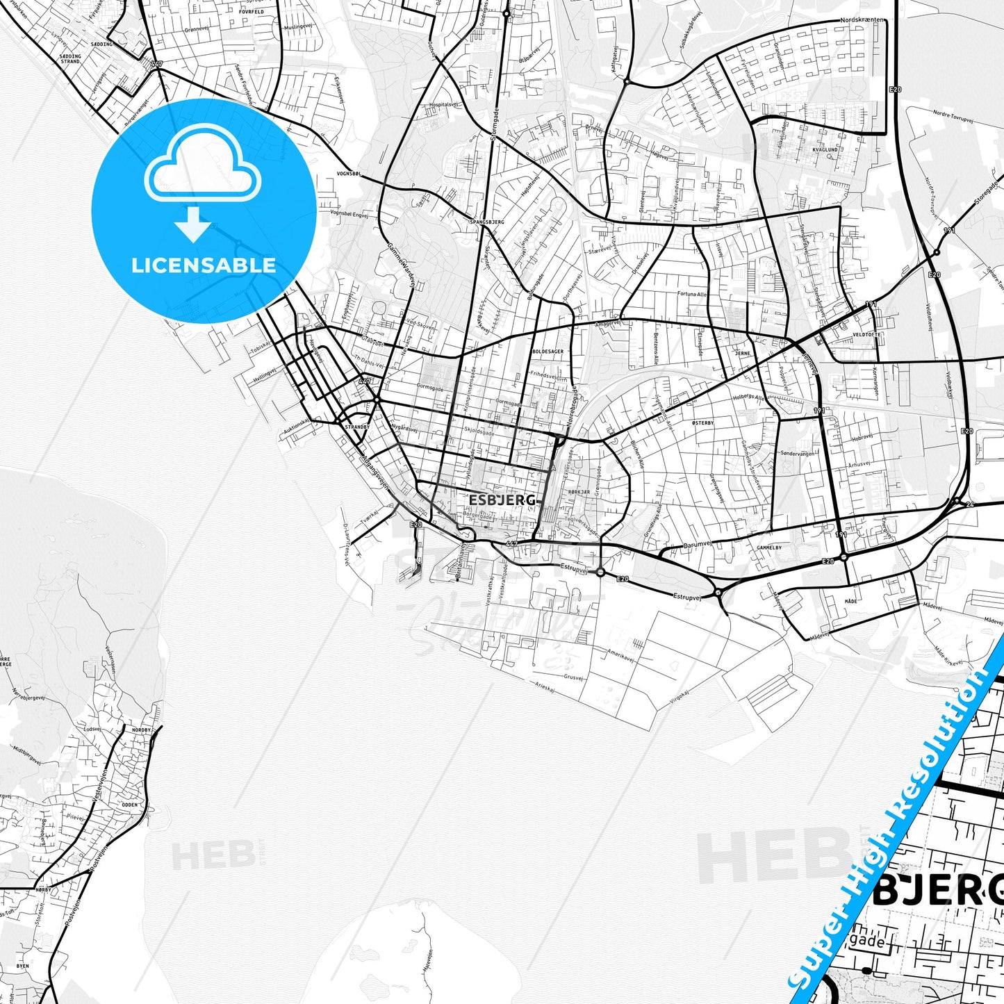 Esbjerg, Denmark Light Map with Street Names, City Names, and Districts