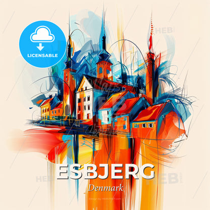 Vibrant Esbjerg, Denmark - A Painting Of A Town - Square format print template