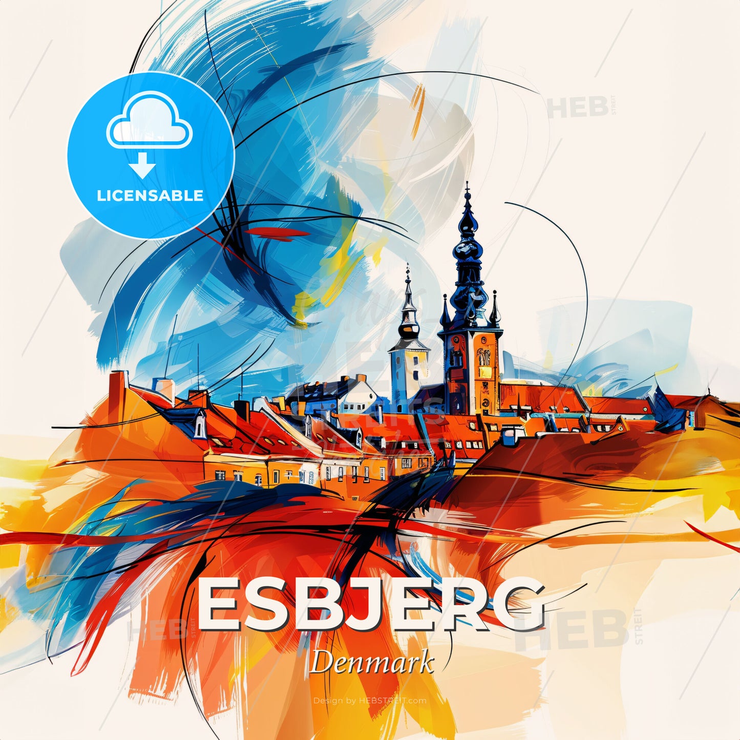 Vibrant Esbjerg, Denmark - A Painting Of A Town - Square format print template