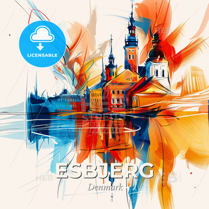 Vibrant Esbjerg, Denmark - A Painting Of A Building With Towers And A Colorful Background - Square format print template