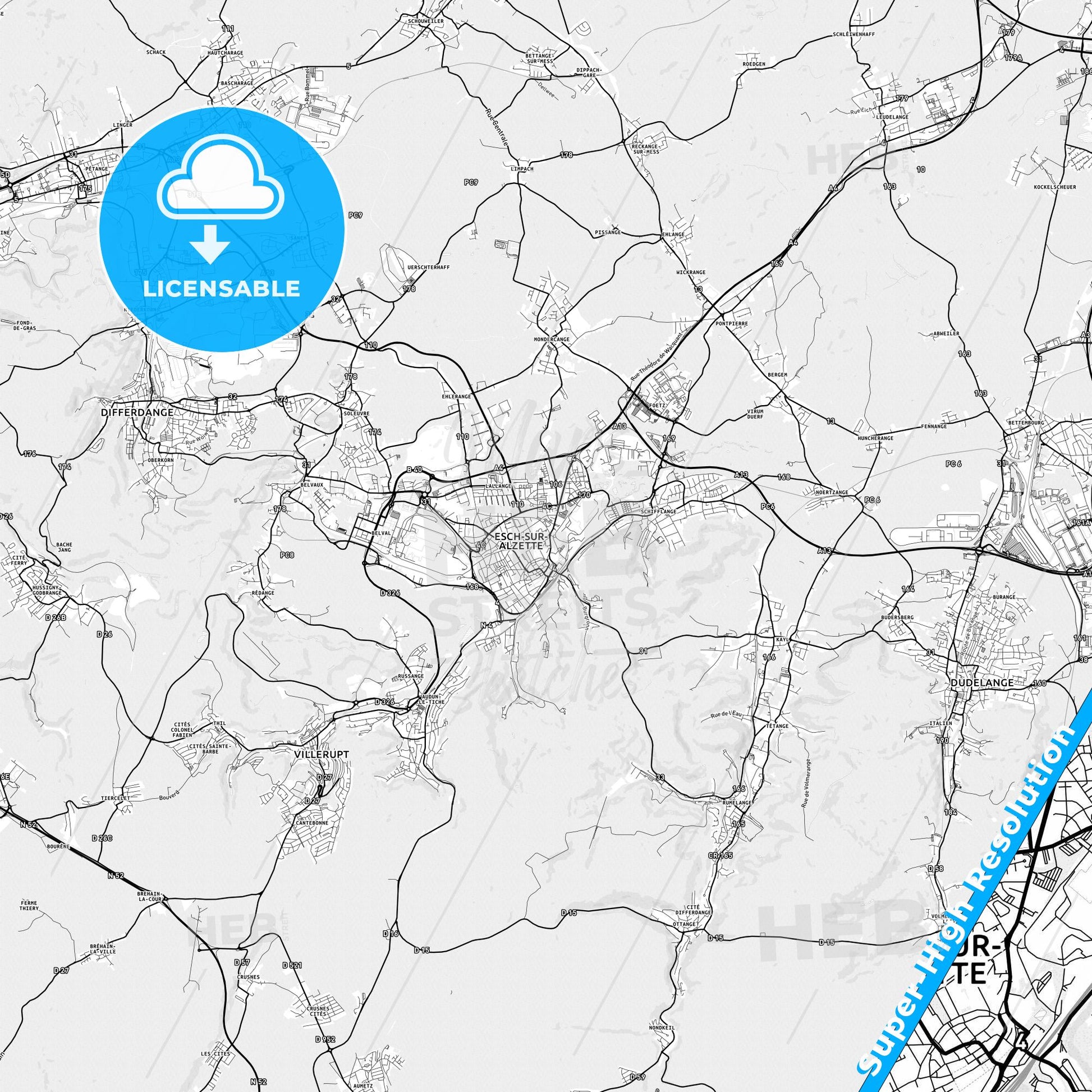 Esch-sur-Alzette, Luxembourg light map with streetnames, citynames and districts