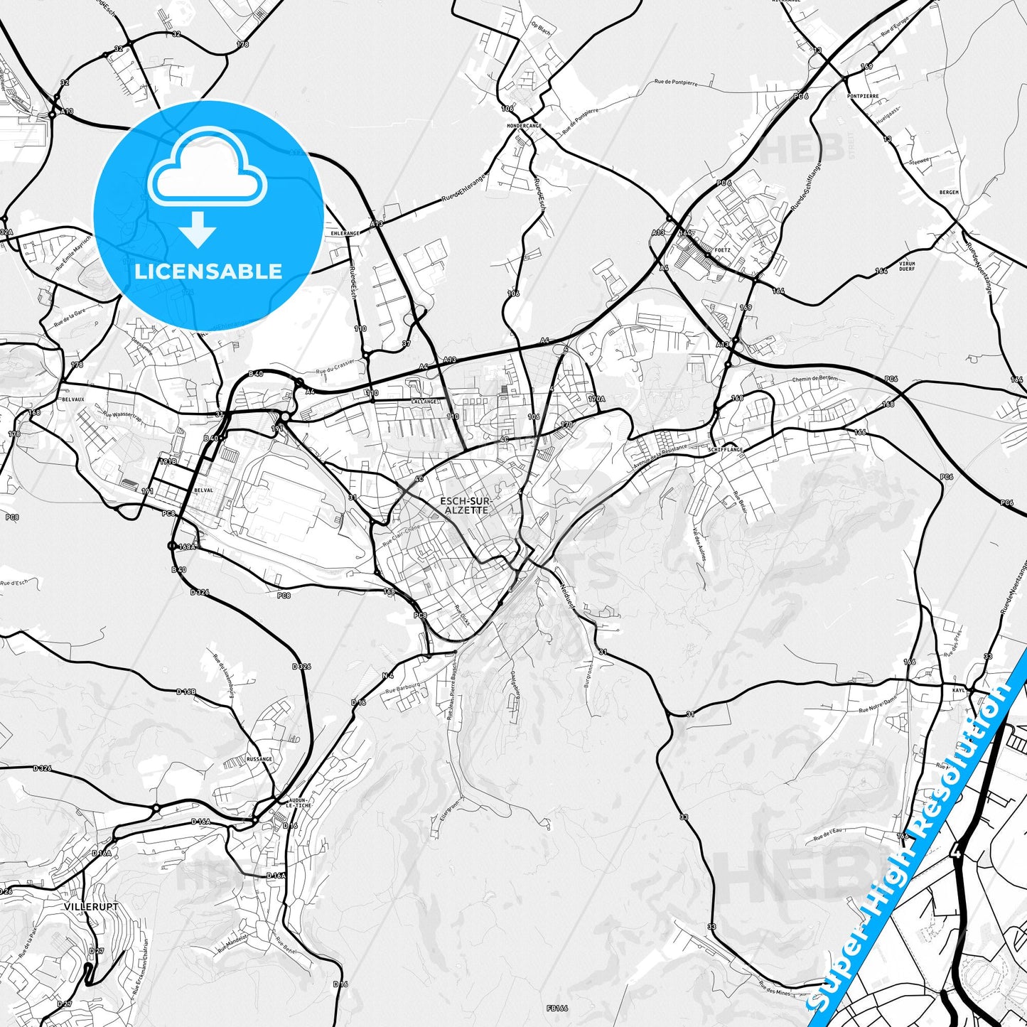 Esch-sur-Alzette, Luxembourg Light Map with Street Names, City Names, and Districts