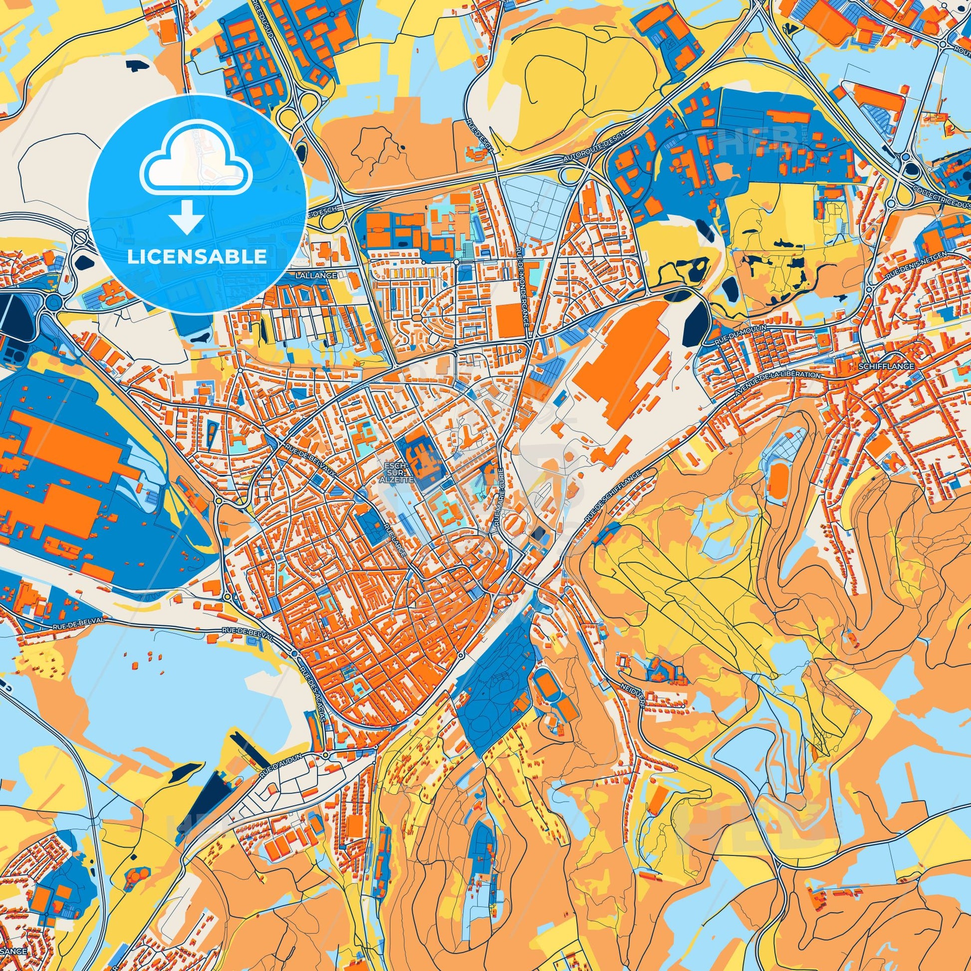 Colorful Esch-sur-Alzette Street Map with Labels and Buildings