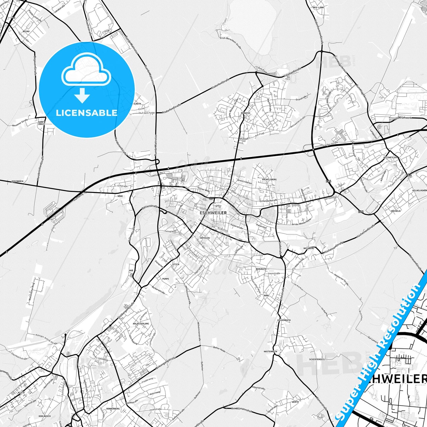 Eschweiler, Germany Light Map with Street Names, City Names, and Districts
