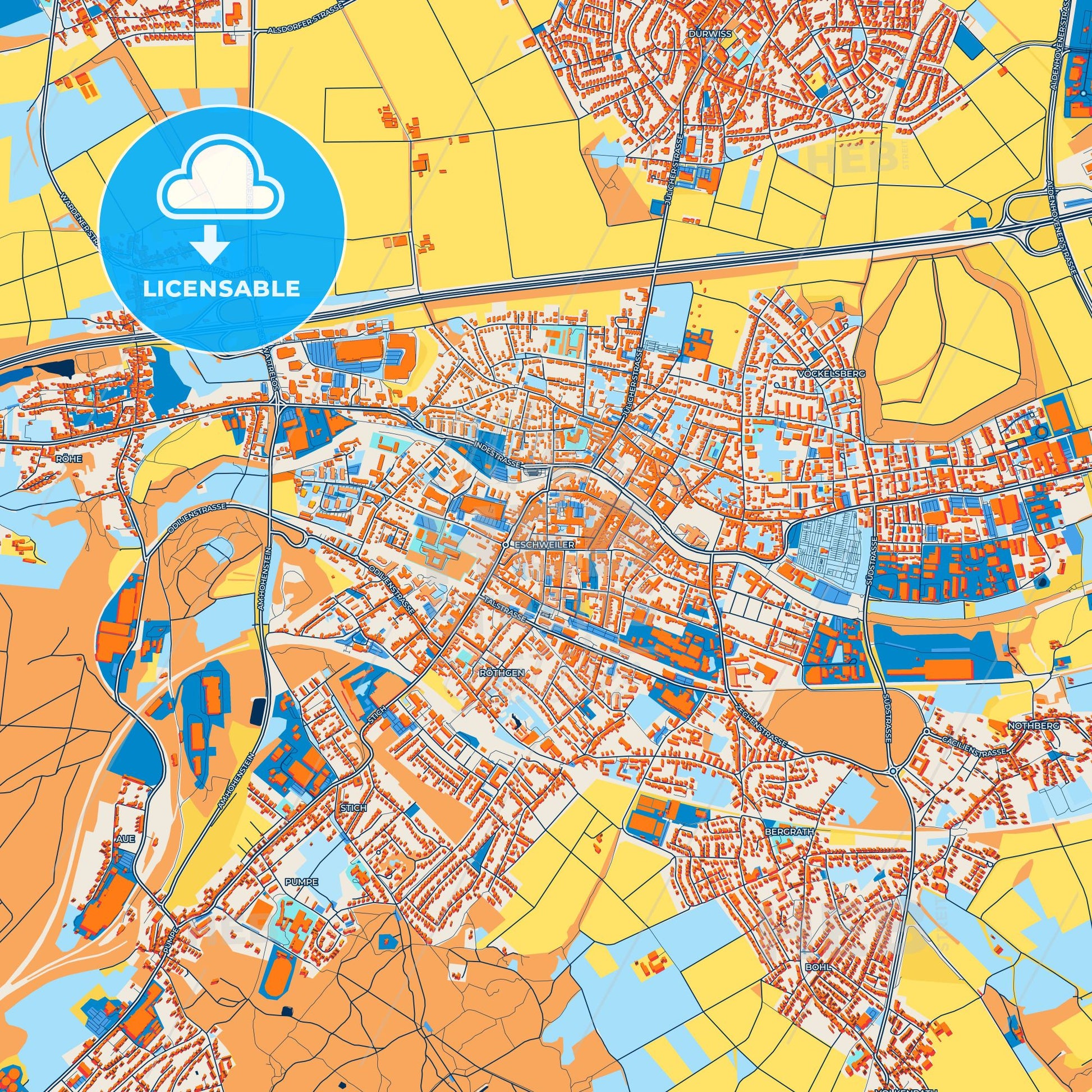 Colorful Eschweiler Street Map with Labels and Buildings