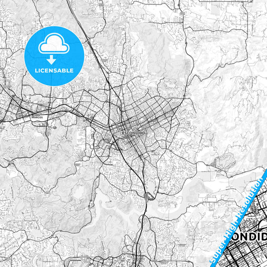 Escondido, California light map with streetnames, citynames and districts