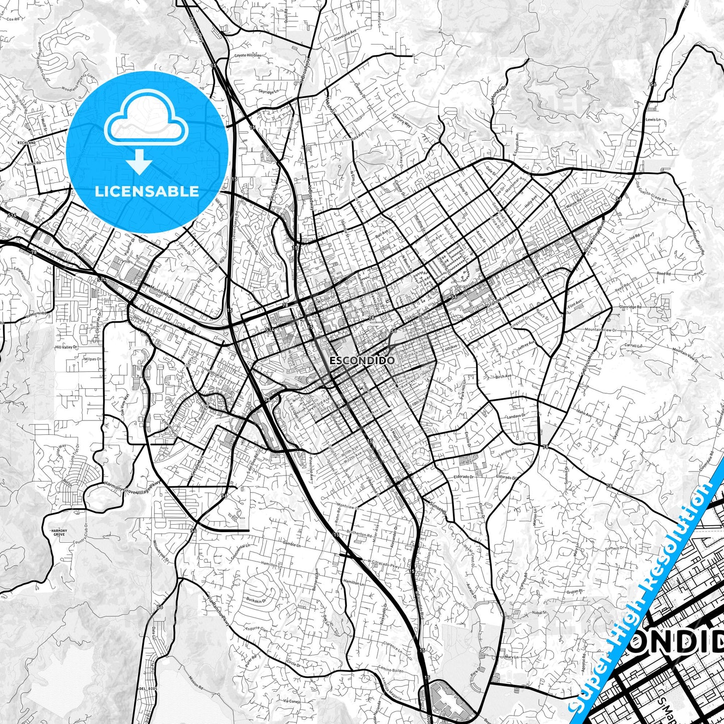 Escondido, California Light Map with Street Names, City Names, and Districts