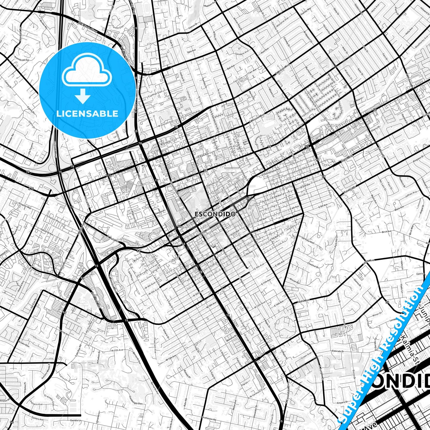 Escondido, California Light Map with Street Names, City Names, and Districts