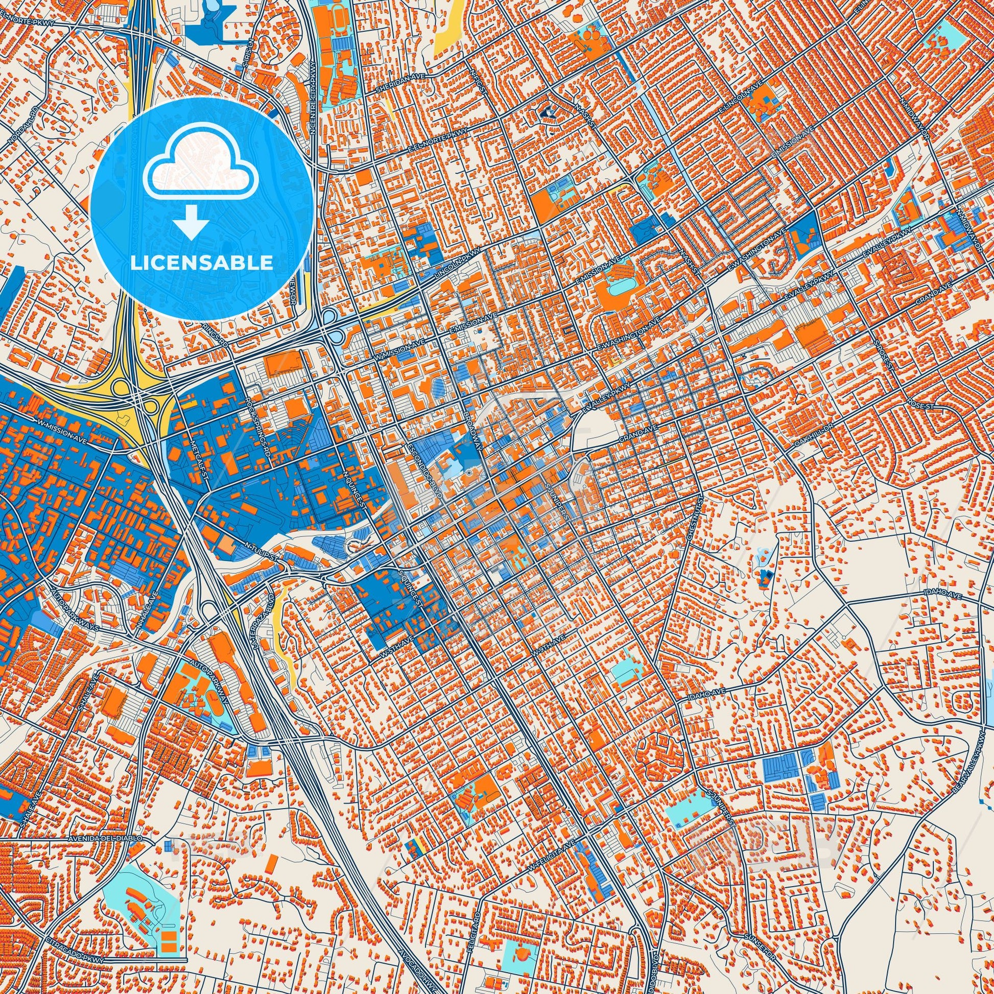 Colorful Escondido Street Map with Labels and Buildings