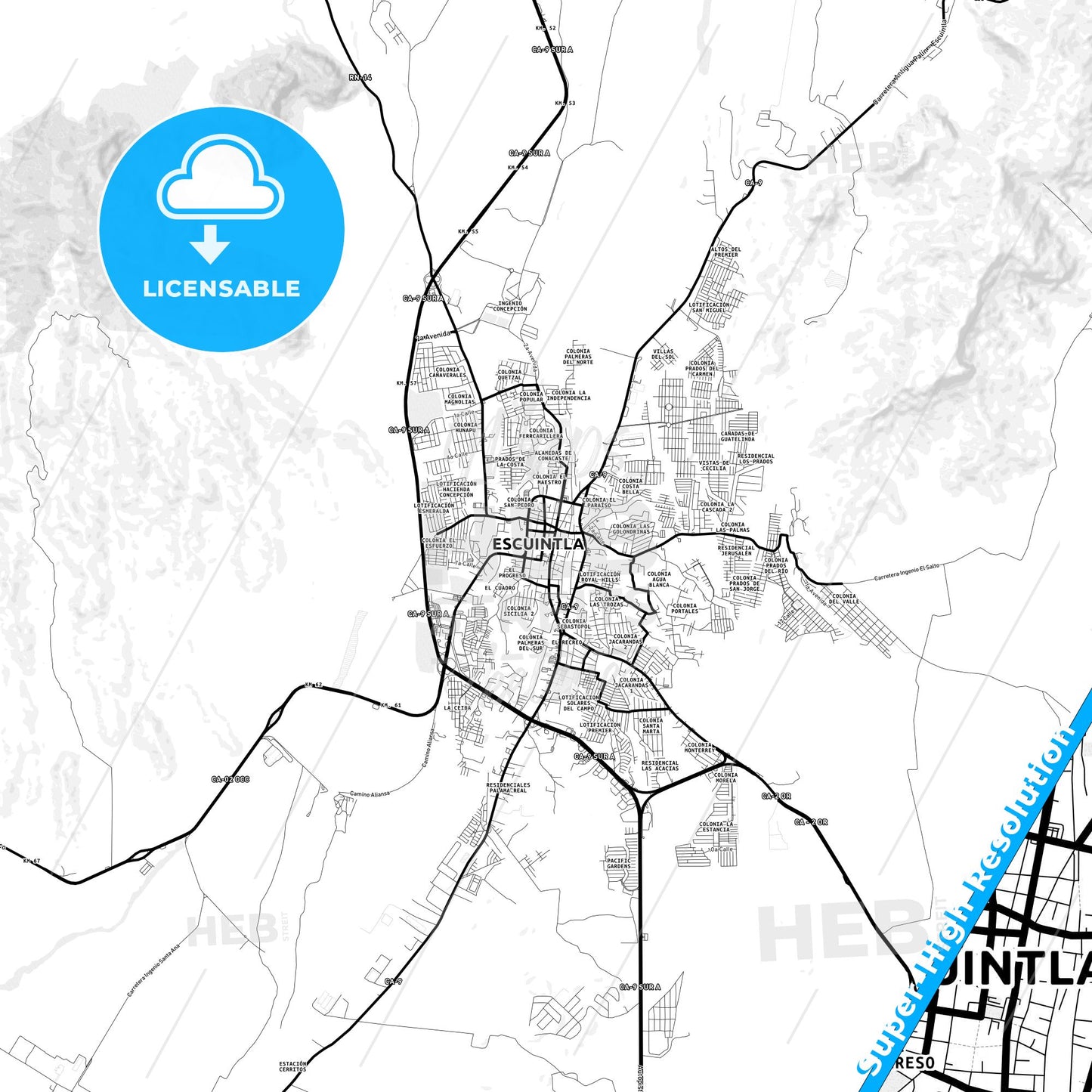 Escuintla, Guatemala Light Map with Street Names, City Names, and Districts