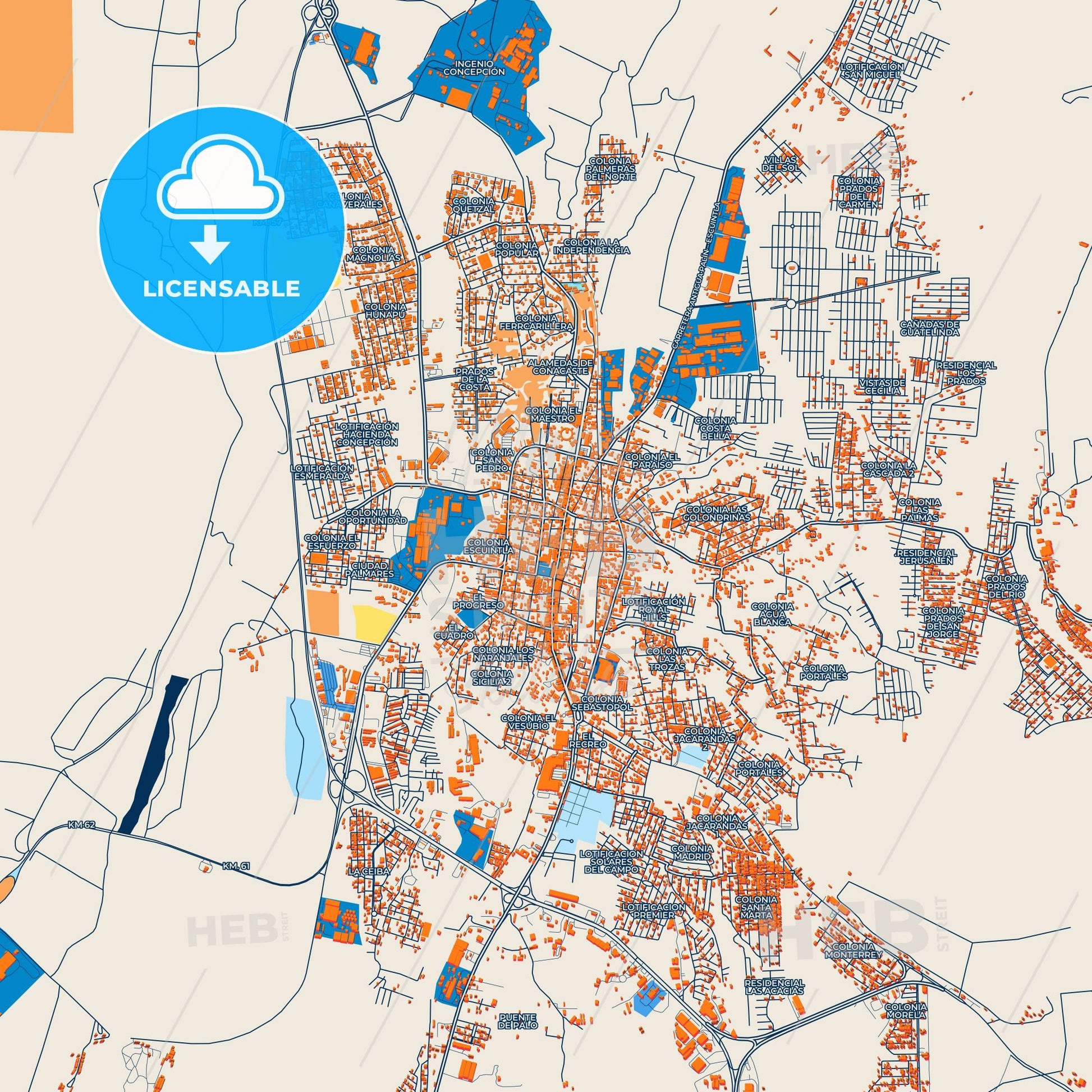 Colorful Escuintla Street Map with Labels and Buildings