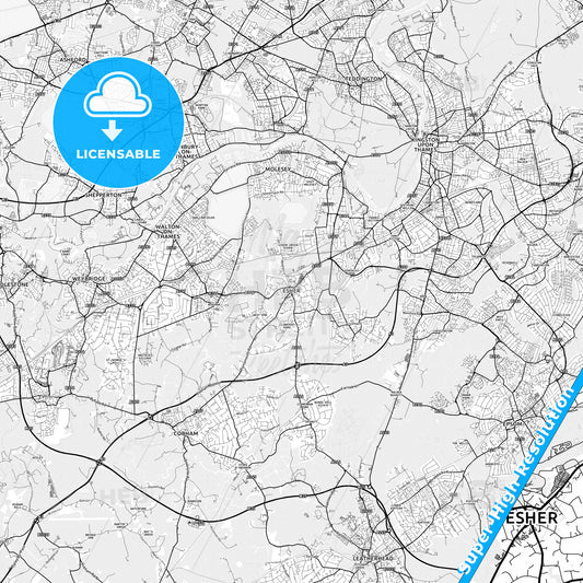 Esher, England light map with streetnames, citynames and districts
