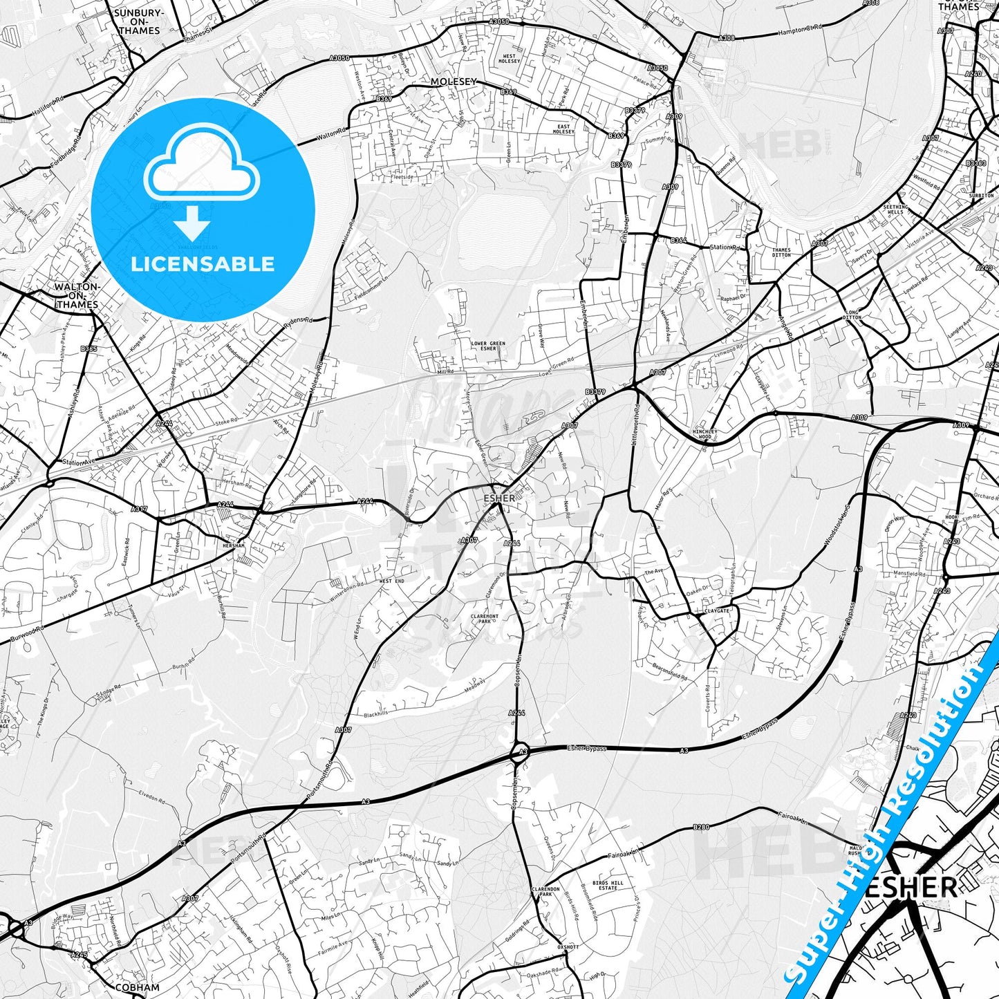 Esher, England Light Map with Street Names, City Names, and Districts