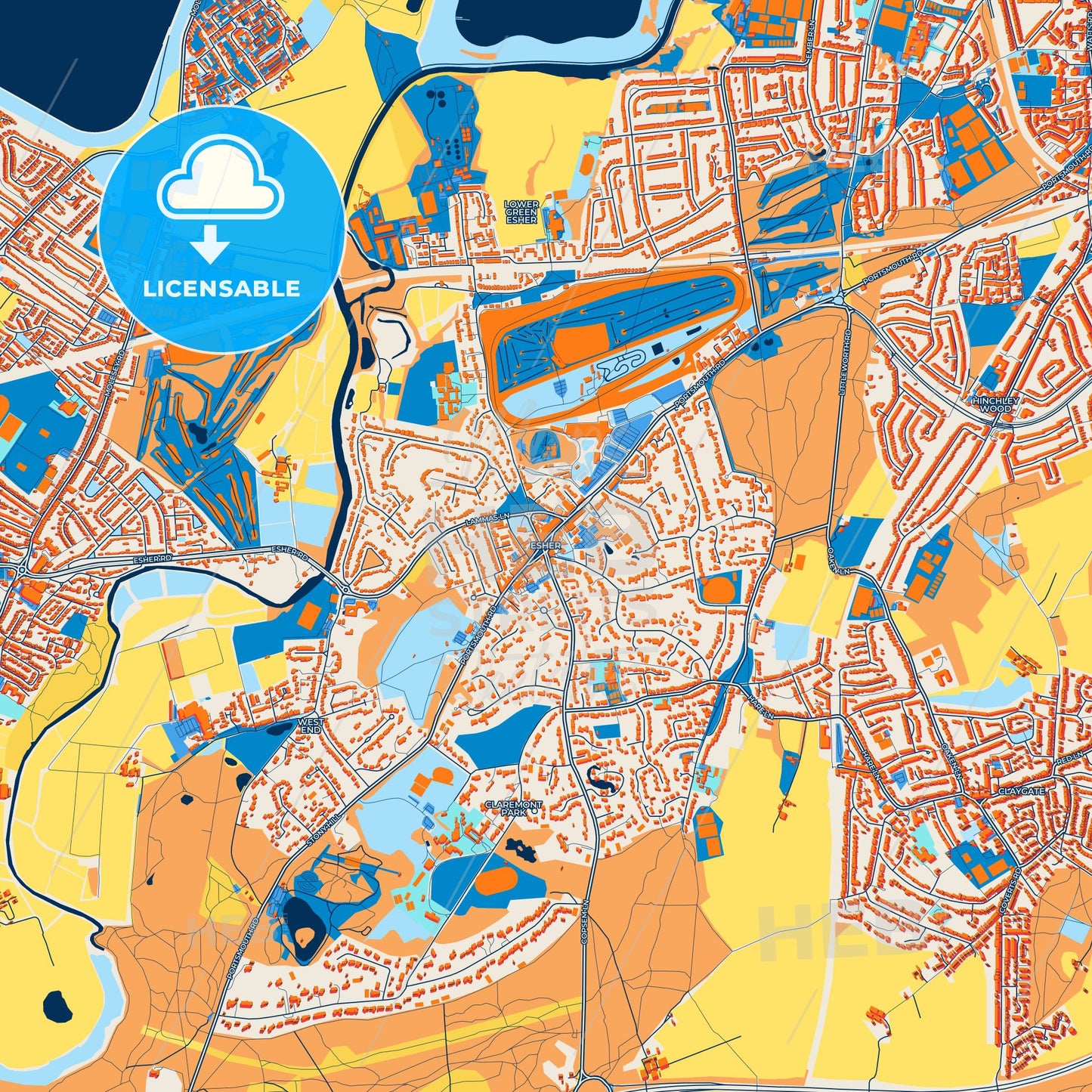 Colorful Esher Street Map with Labels and Buildings
