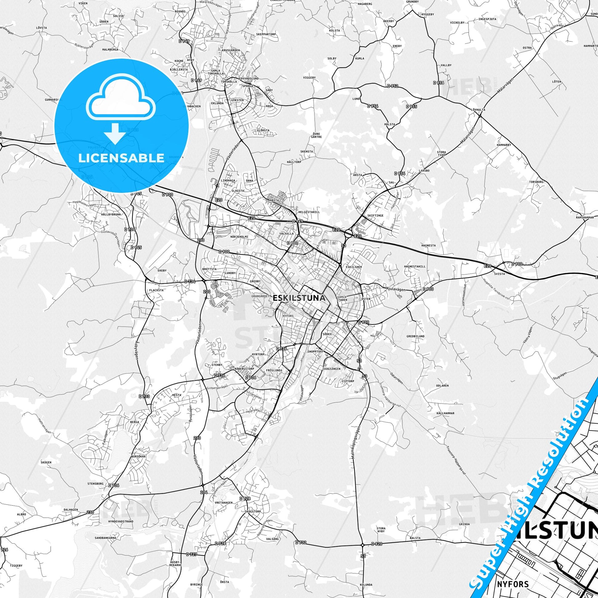 Eskilstuna, Sweden light map with streetnames, citynames and districts
