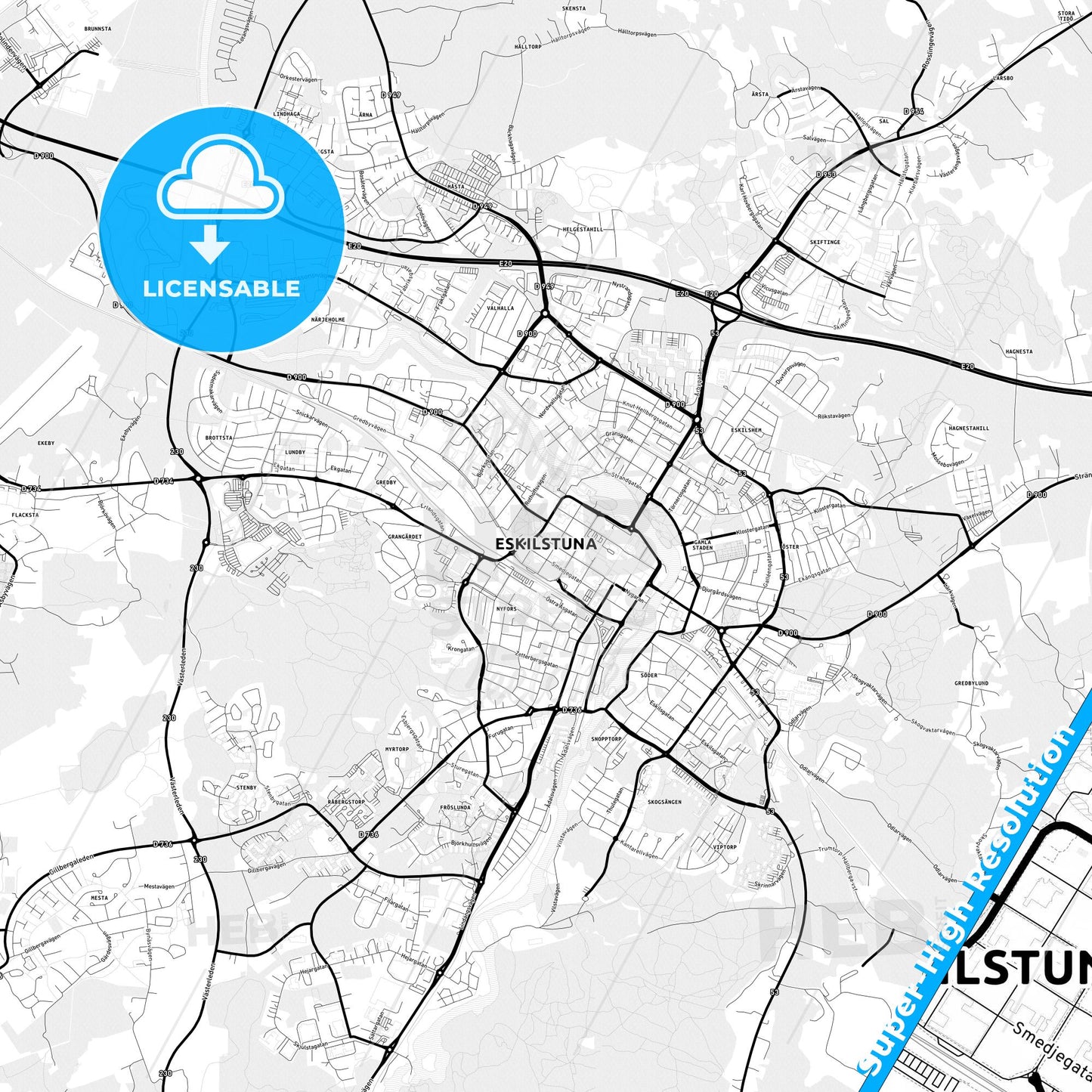 Eskilstuna, Sweden Light Map with Street Names, City Names, and Districts