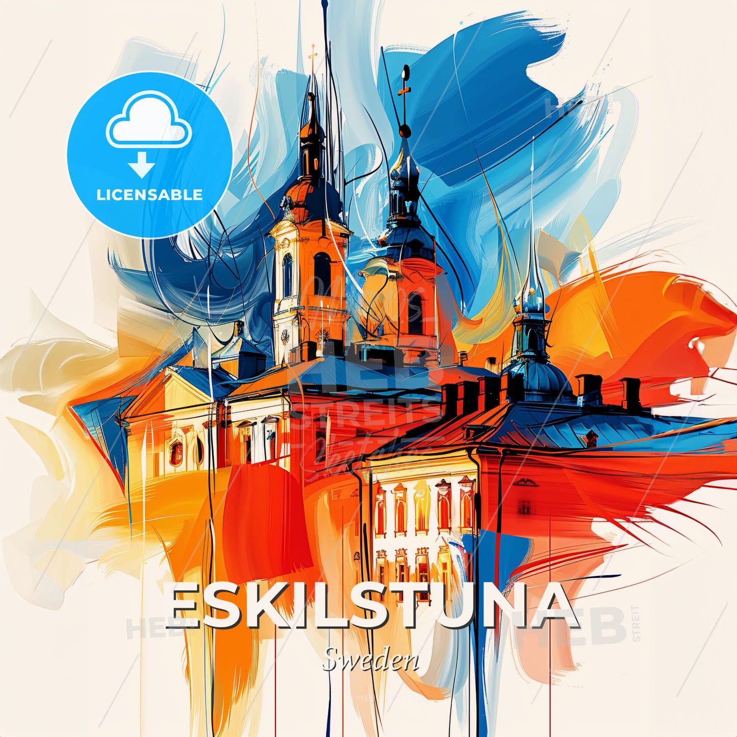 Vibrant Eskilstuna, Sweden - A Painting Of A Building With A Tower - Square format print template