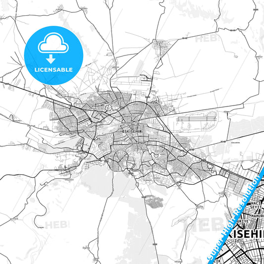 Eskişehir, Turkey light map with streetnames, citynames and districts