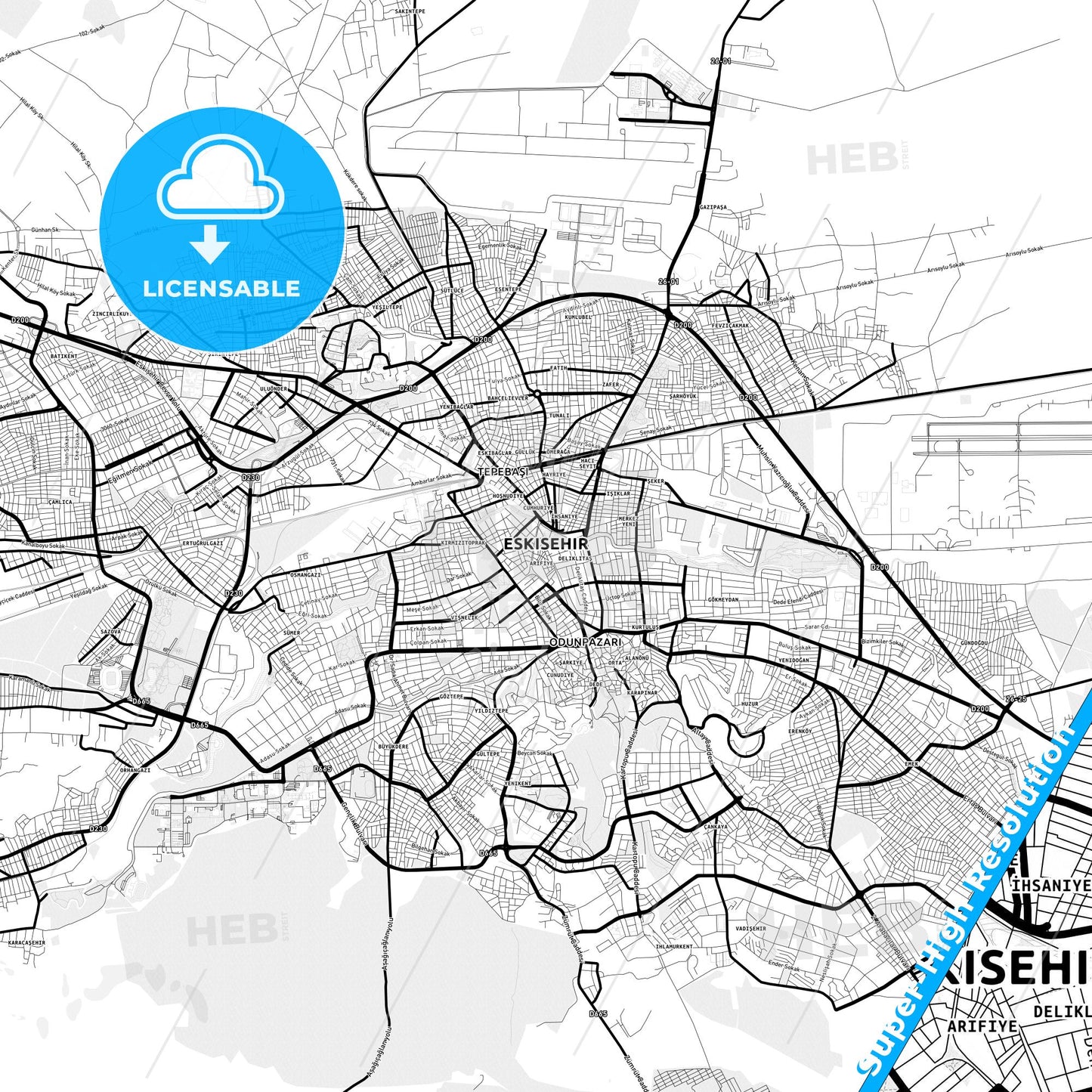Eskişehir, Turkey Light Map with Street Names, City Names, and Districts