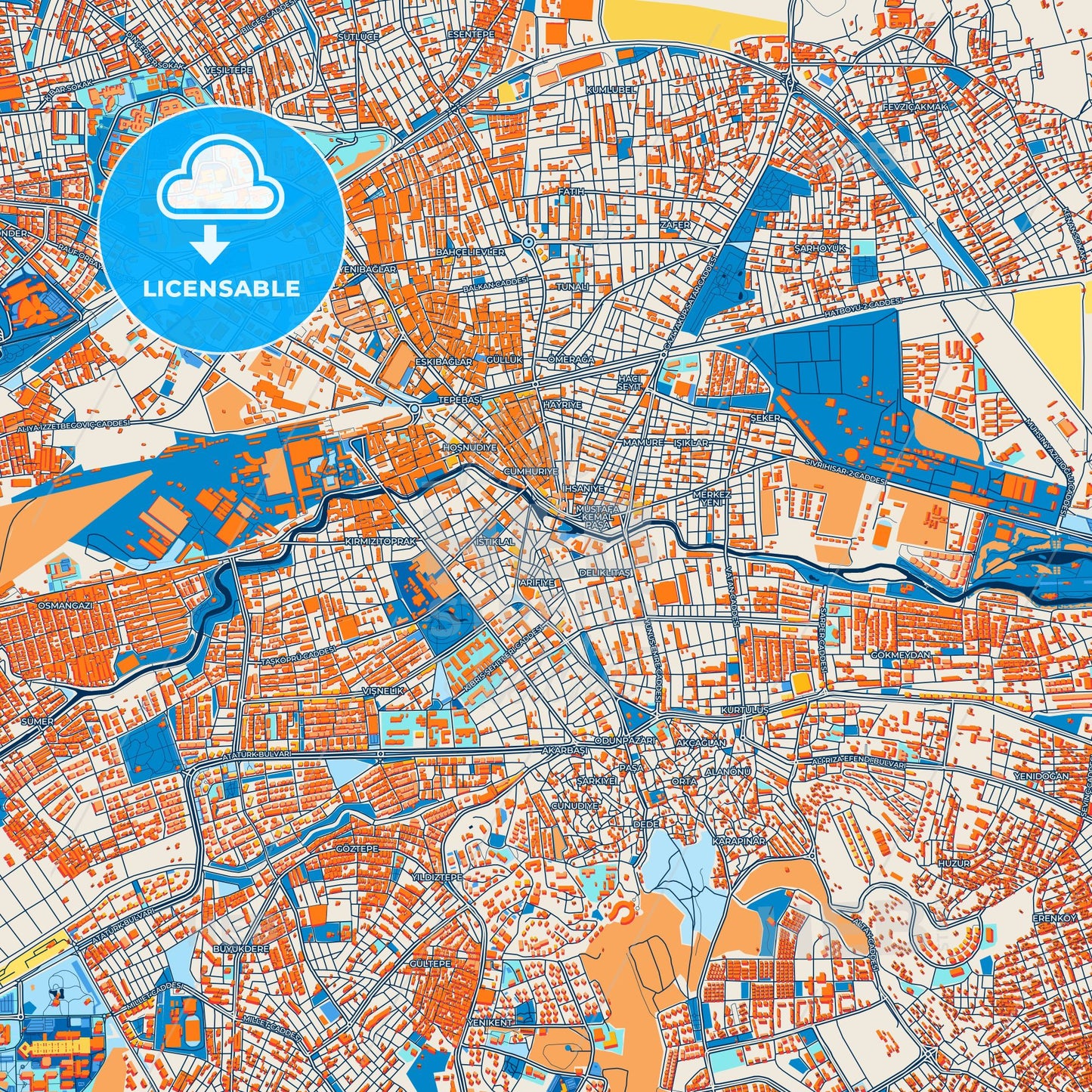 Colorful Eskişehir Street Map with Labels and Buildings