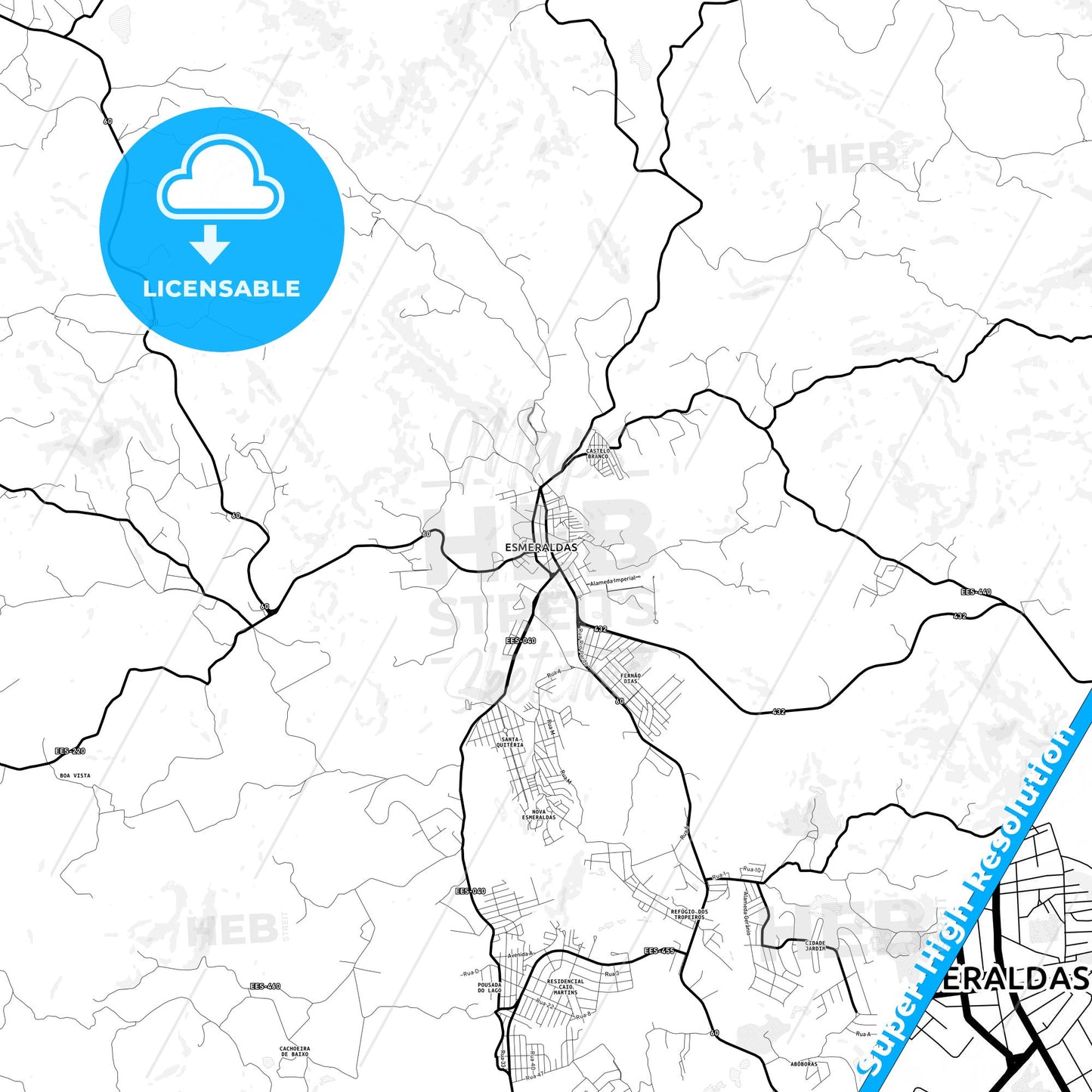 Esmeraldas, Brazil Light Map with Street Names, City Names, and Districts