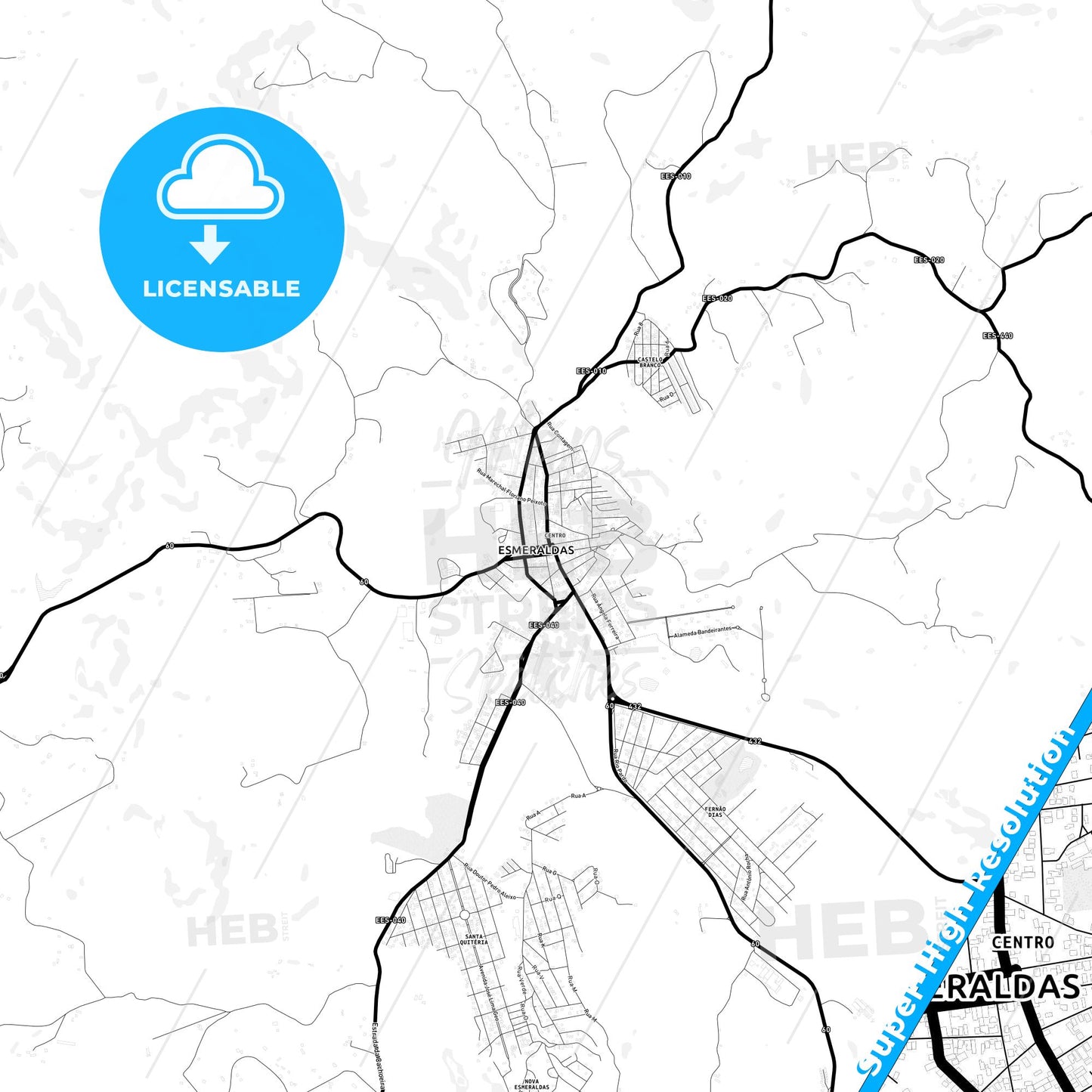 Esmeraldas, Brazil Light Map with Street Names, City Names, and Districts