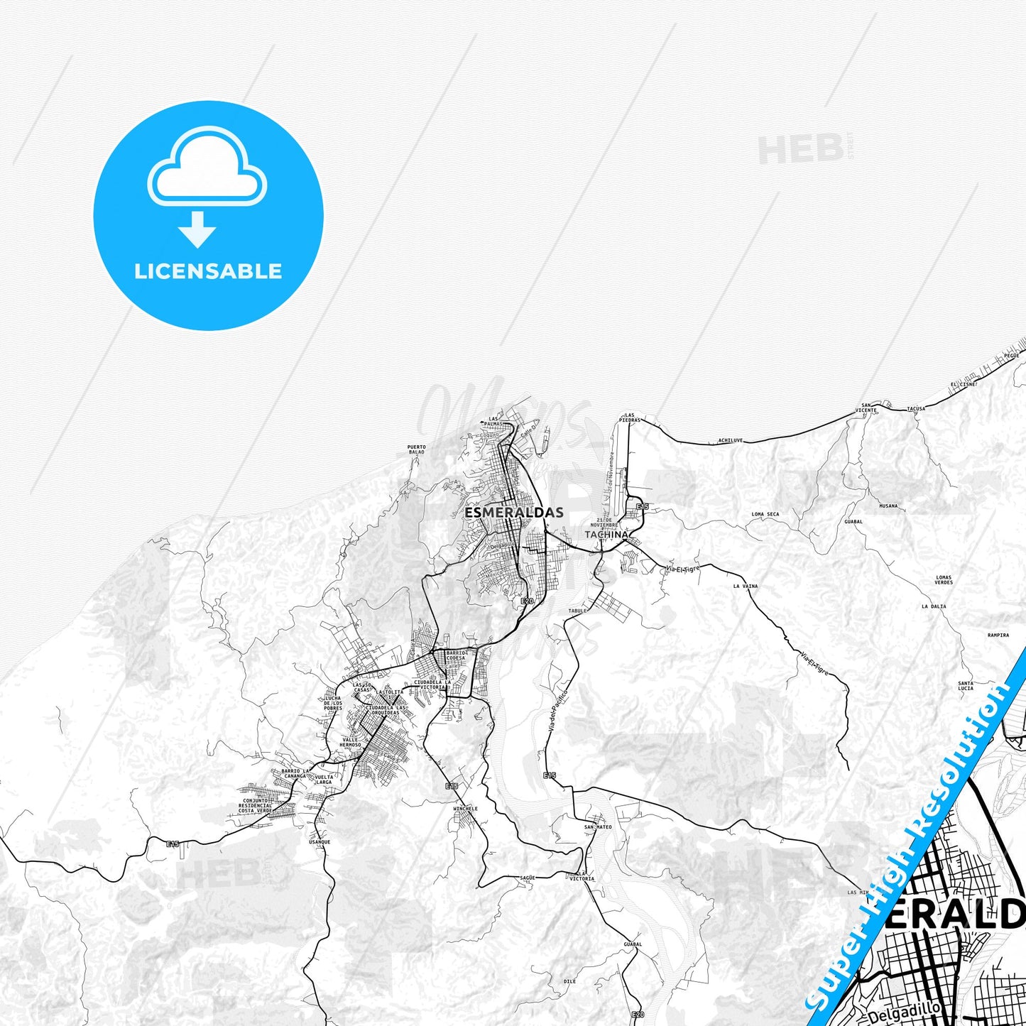 Esmeraldas, Ecuador light map with streetnames, citynames and districts