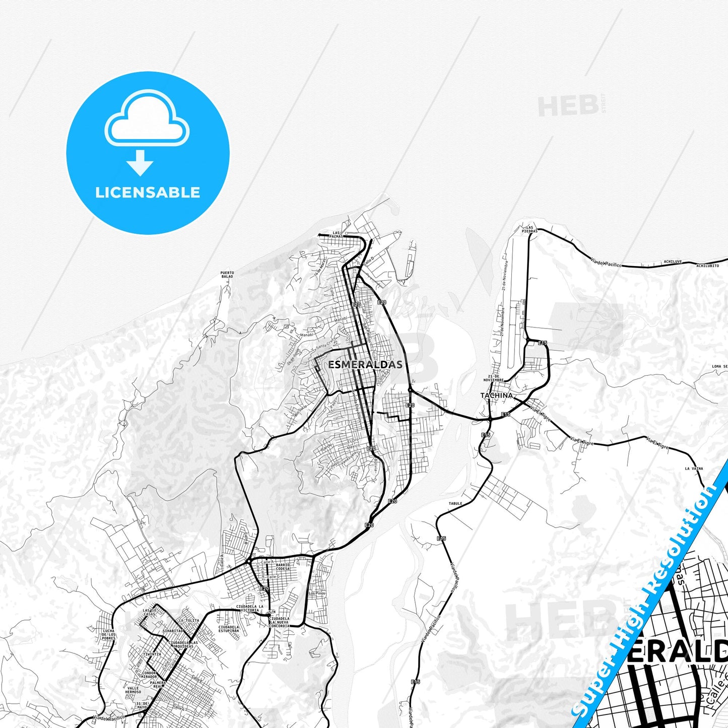 Esmeraldas, Ecuador Light Map with Street Names, City Names, and Districts