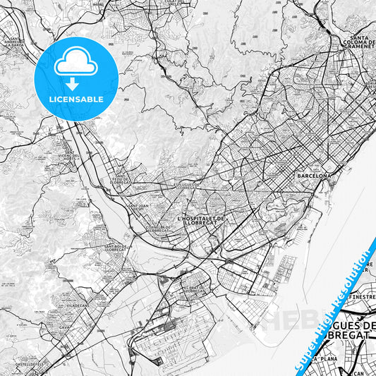Esplugues de Llobregat, Spain light map with streetnames, citynames and districts