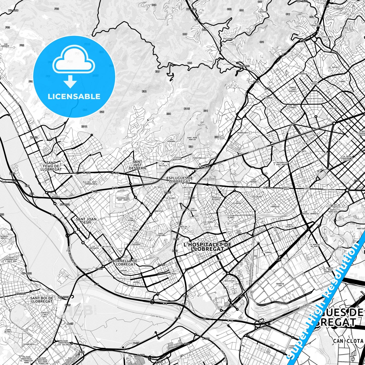 Esplugues de Llobregat, Spain Light Map with Street Names, City Names, and Districts