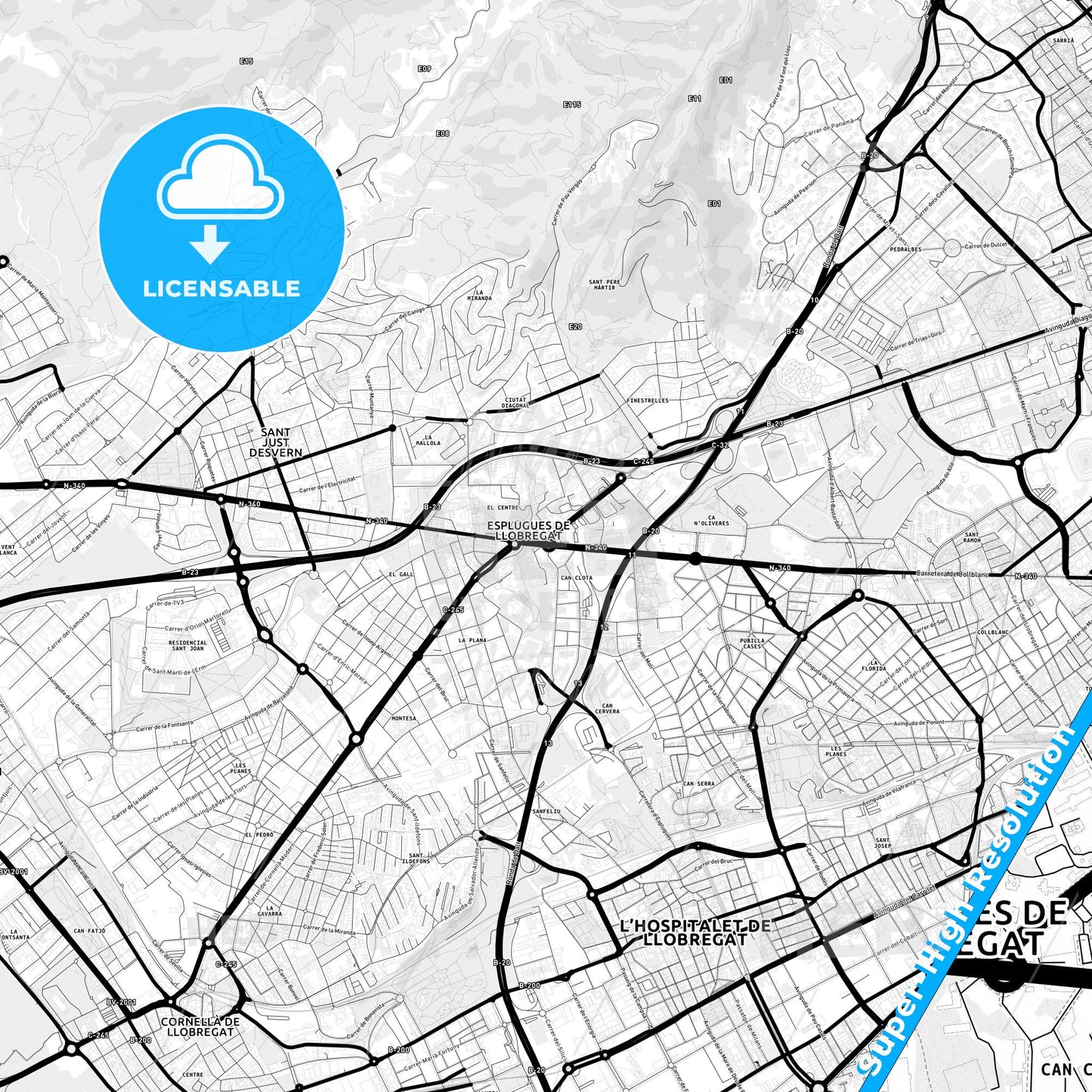Esplugues de Llobregat, Spain Light Map with Street Names, City Names, and Districts