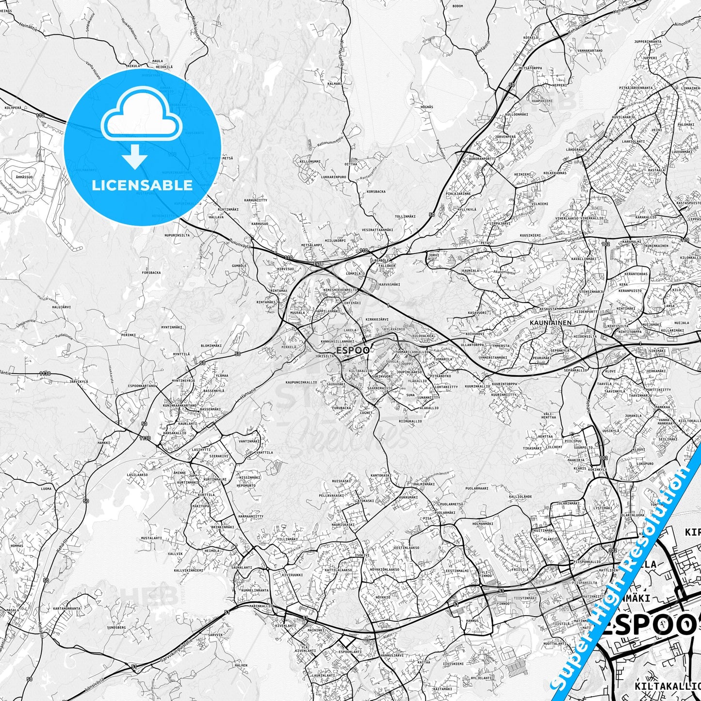 Espoo, Finland light map with streetnames, citynames and districts