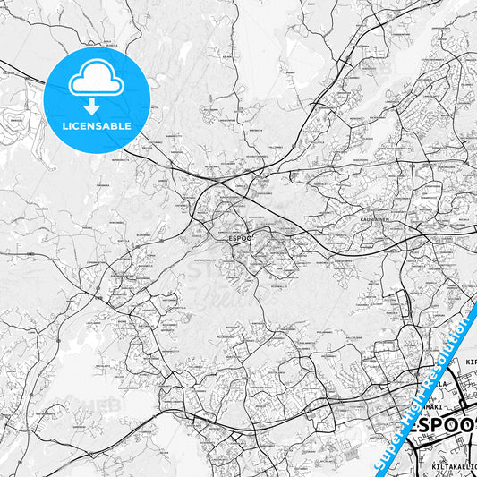 Espoo, Finland light map with streetnames, citynames and districts