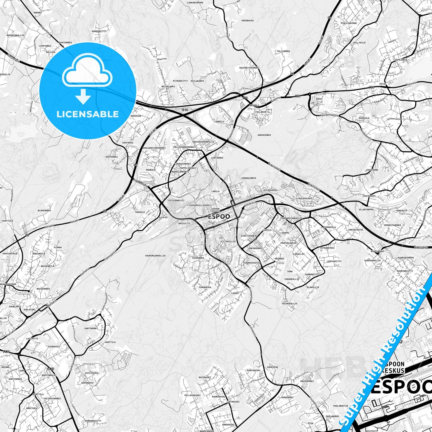 Espoo, Finland Light Map with Street Names, City Names, and Districts