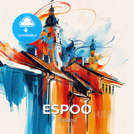 Vibrant Espoo, Finland - A Painting Of A Building With A Tower And A Spire - Square format print template
