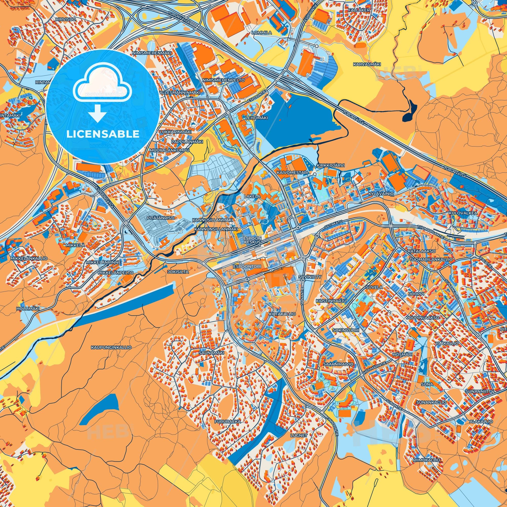 Colorful Espoo Street Map With Labels And Buildings – HEBSTREITS