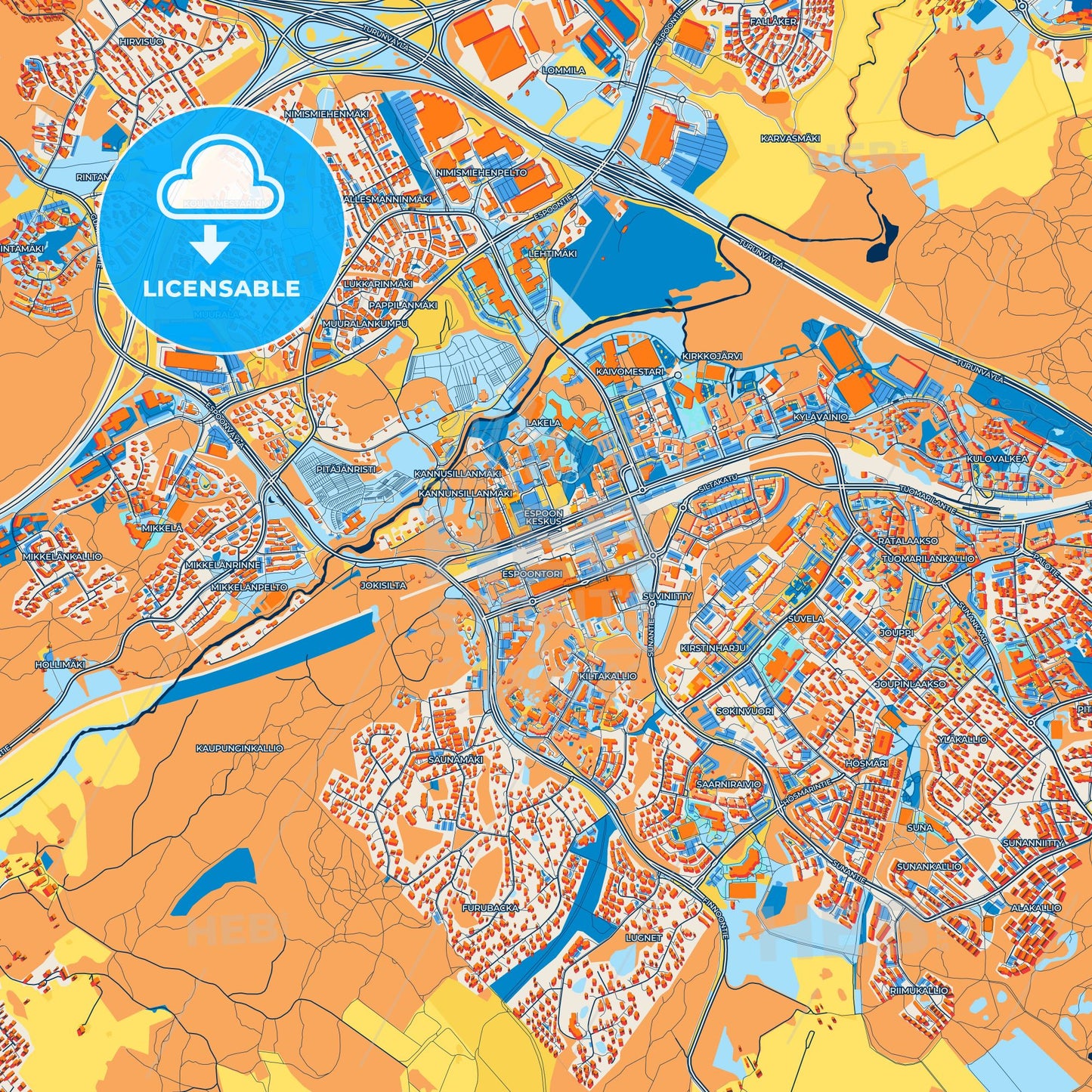Colorful Espoo Street Map with Labels and Buildings