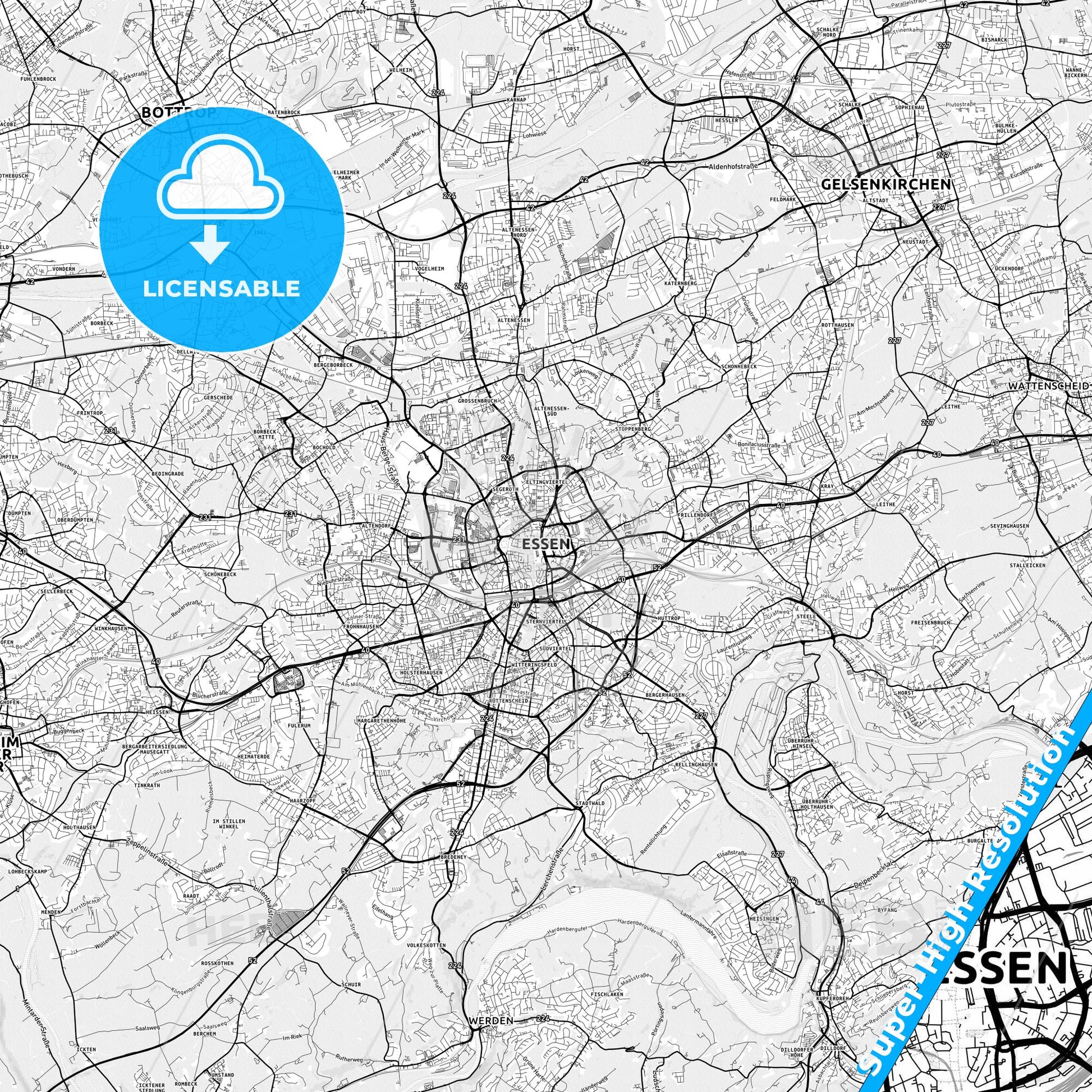 Essen, Germany light map with streetnames, citynames and districts