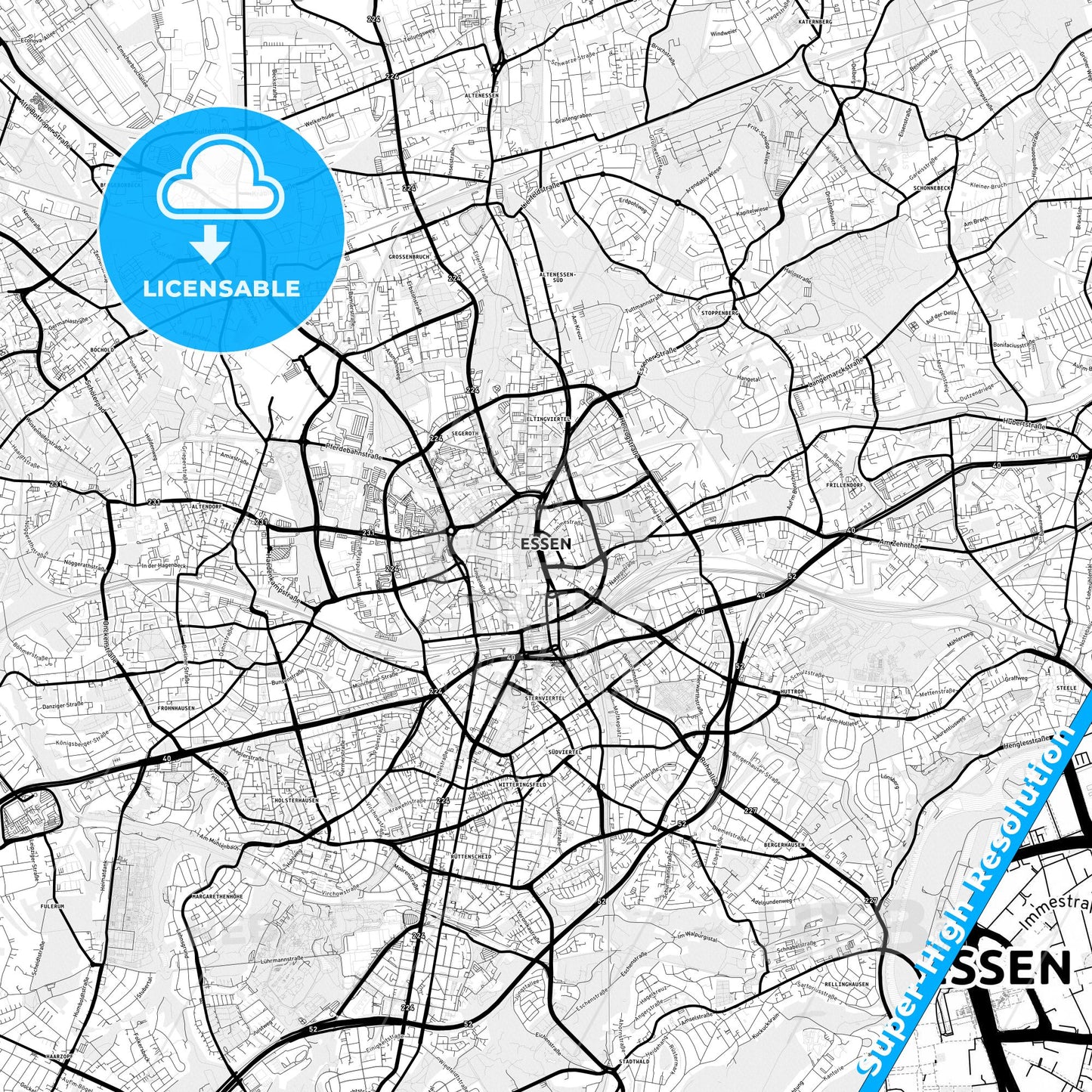 Essen, Germany Light Map with Street Names, City Names, and Districts