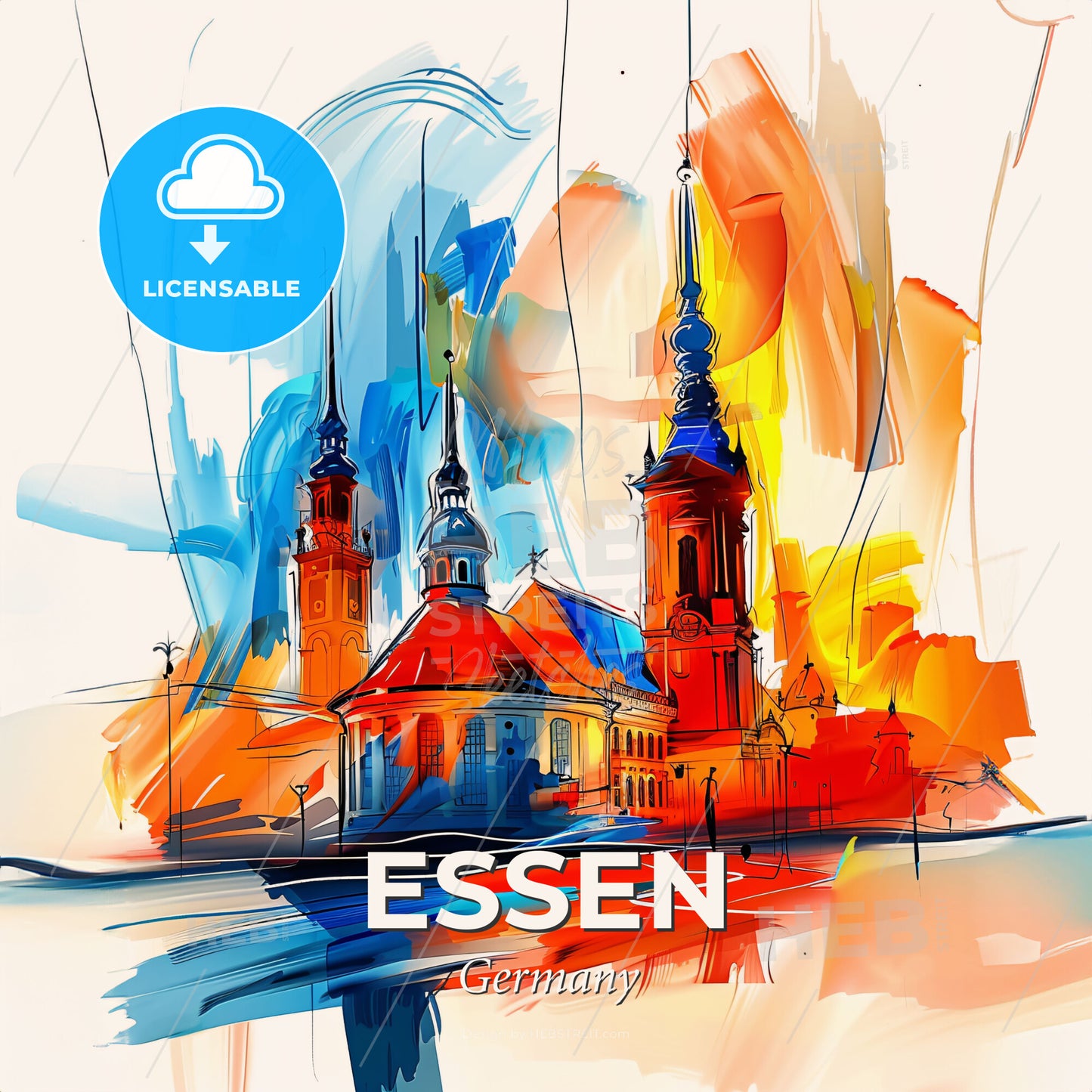 Vibrant Essen, Germany - A Painting Of A Building With Towers - Square format print template