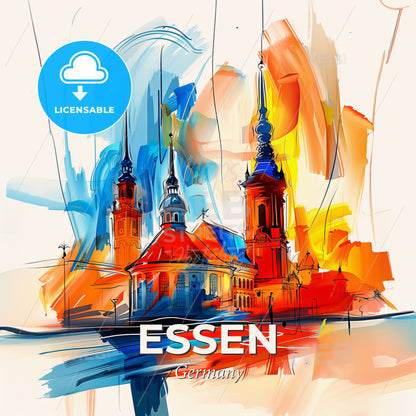 Vibrant Essen, Germany - A Painting Of A Building With Towers - Square format print template