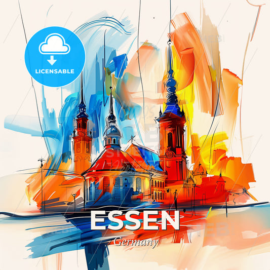 Vibrant Essen, Germany - A Painting Of A Building With Towers - Square format print template