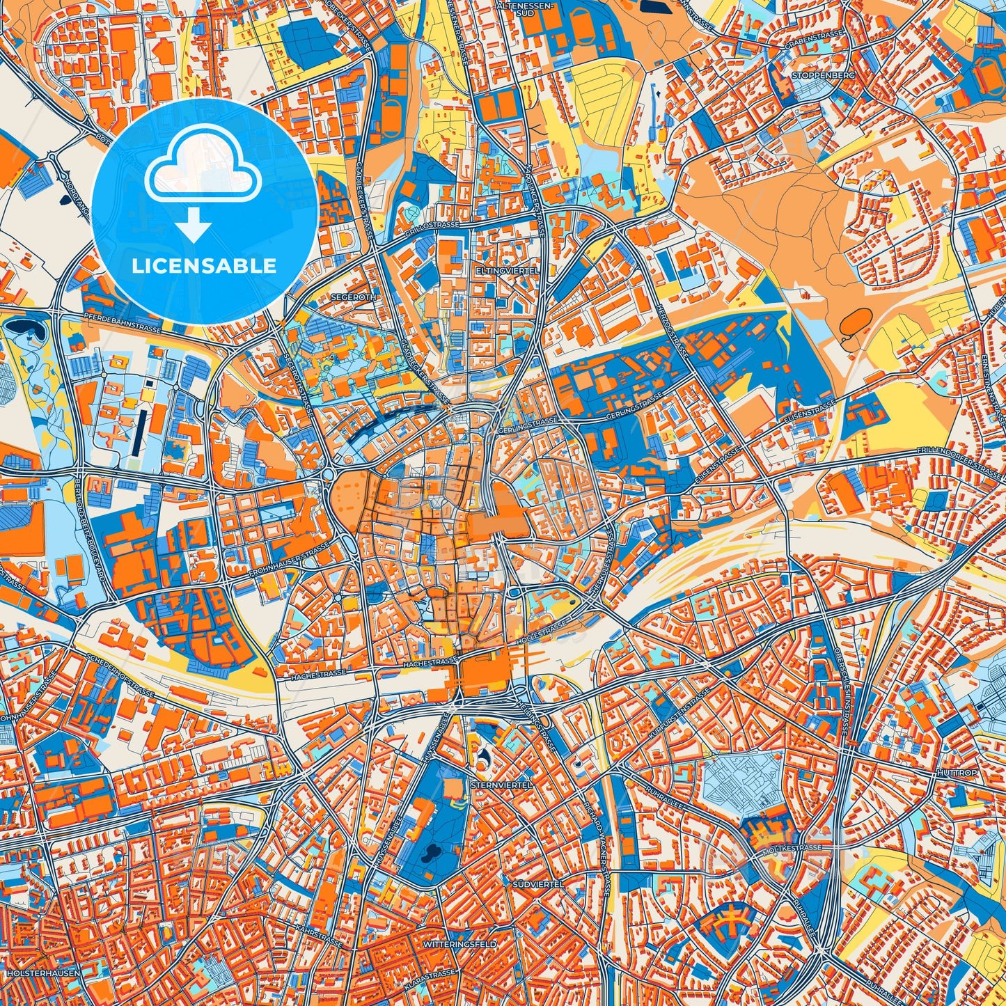 Colorful Essen Street Map with Labels and Buildings