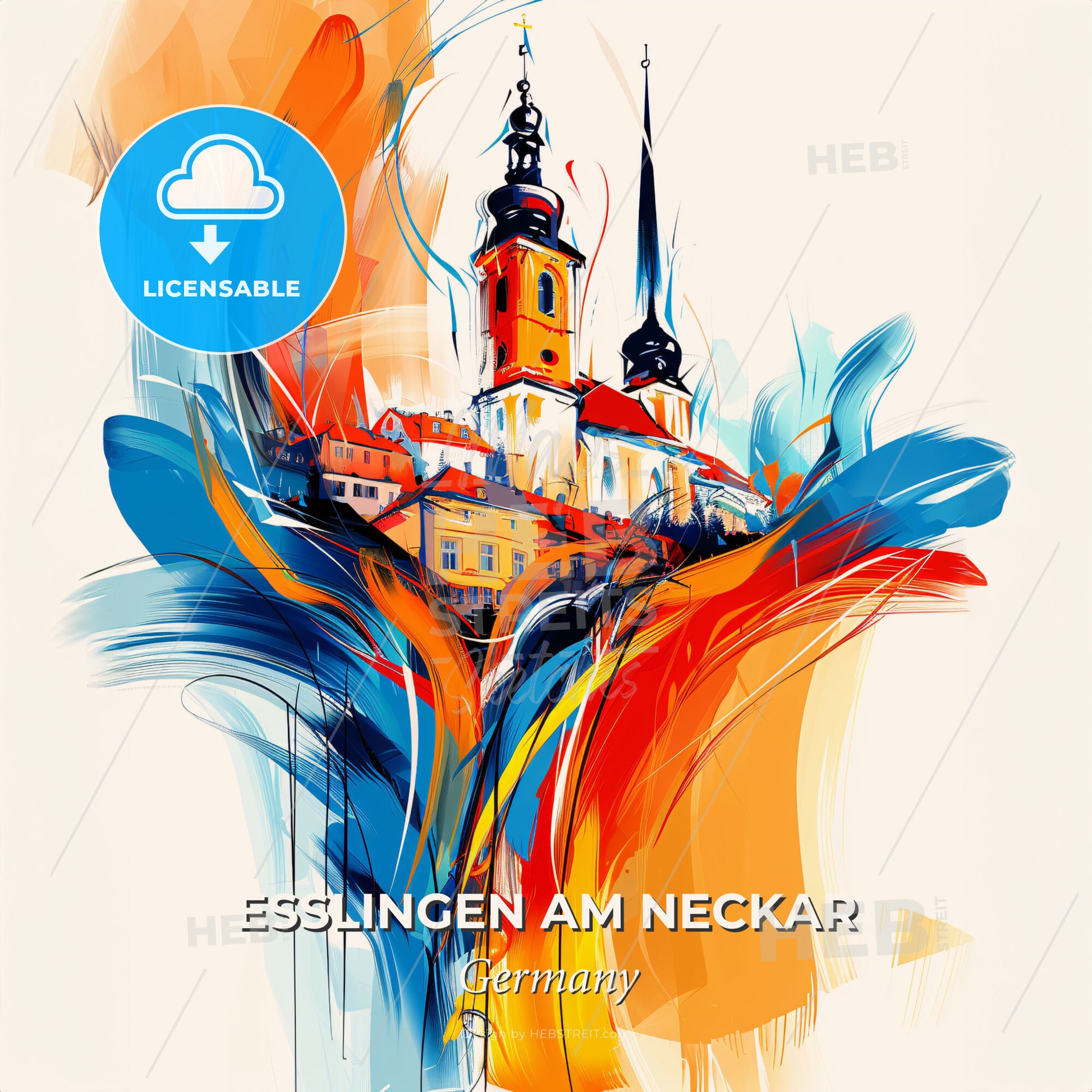 Vibrant Esslingen Am Neckar, Germany - A Painting Of A Building With A Tower - Square format print template