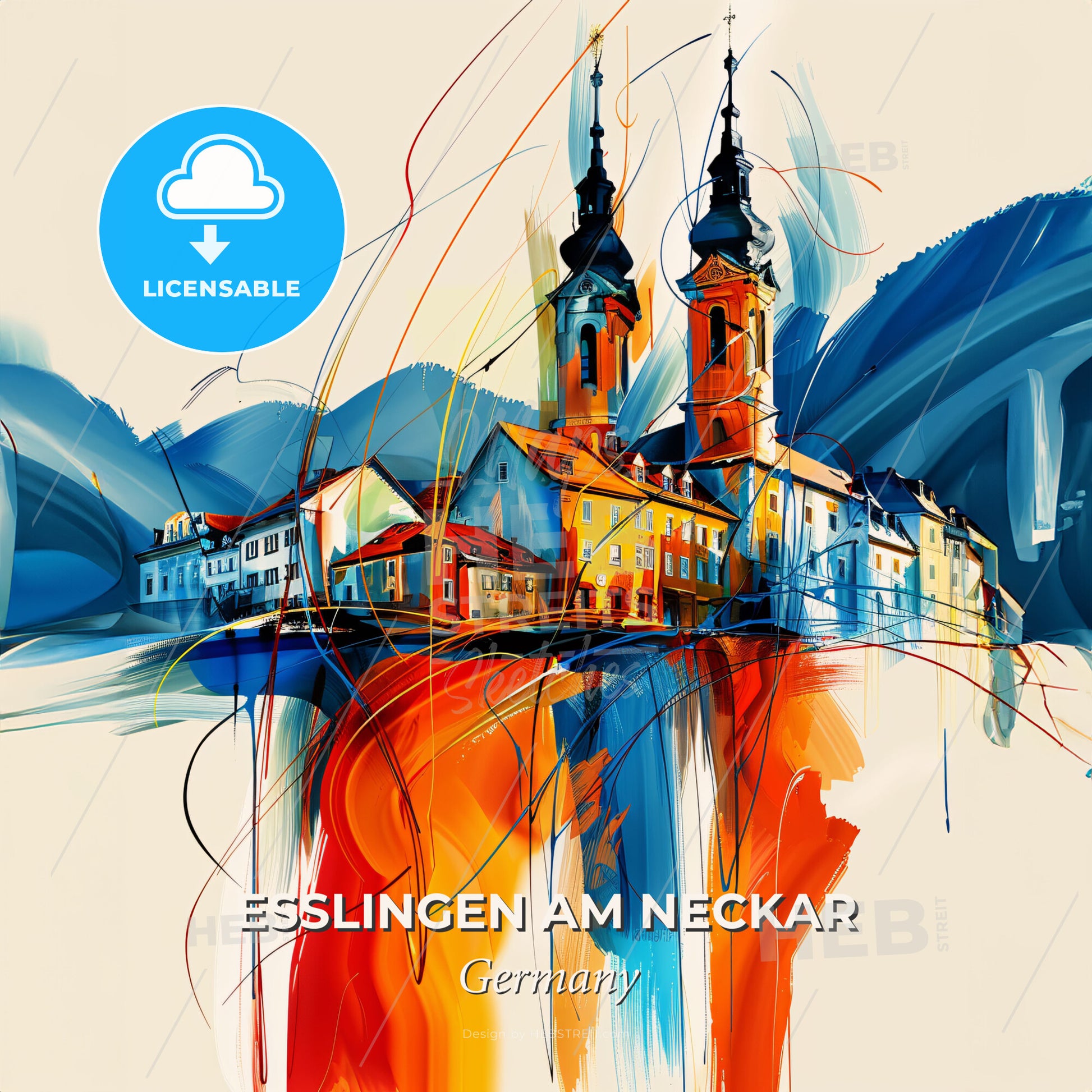 Vibrant Esslingen Am Neckar, Germany - A Painting Of A Town - Square format print template