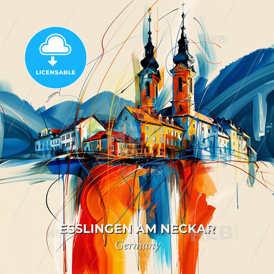 Vibrant Esslingen Am Neckar, Germany - A Painting Of A Town - Square format print template